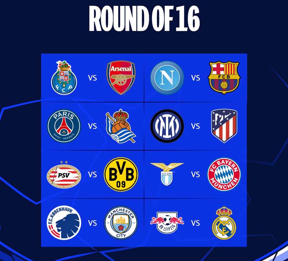 च्याम्पियन्स लिगको राउण्ड १६ को ड्र सार्बजनिक