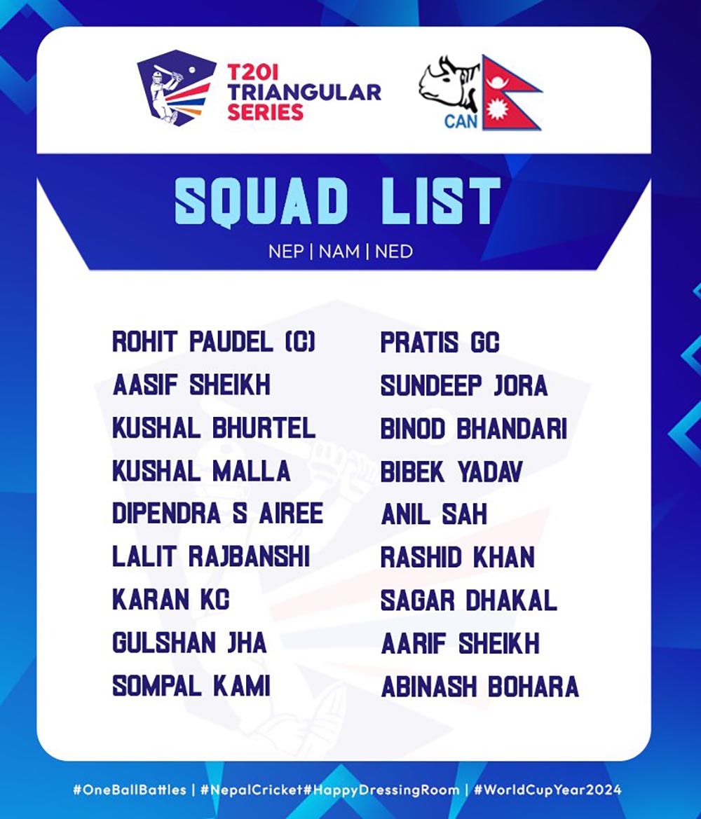 त्रिकोणात्मक टी-२० सिरिजका लागि नेपाली टिमको घोषणा
