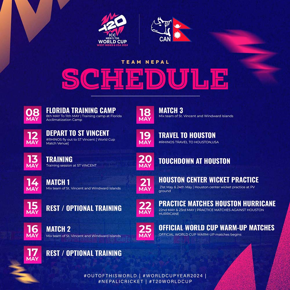 यस्तो नेपाली क्रिकेट टिमको अमेरिकामा प्रशिक्षण तालिका